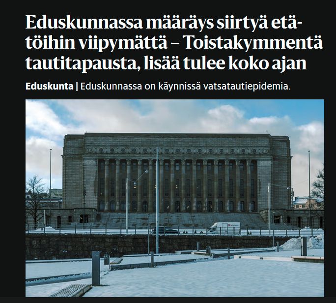 Eduskunnassa määräys siirtyä etä­töihin viipymättä – Toista­kymmentä tauti­tapausta, lisää tulee koko ajan

Eduskunta|Eduskunnassa on käynnissä vatsatautiepidemia.