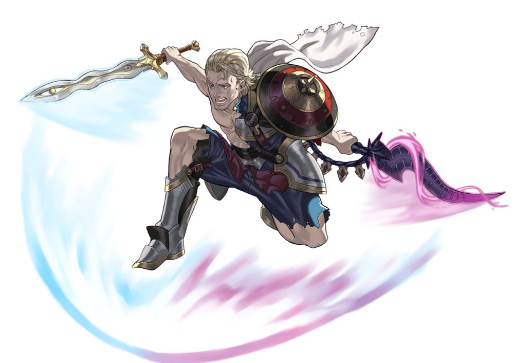 Arthur from Fire Emblem Fates executing Leonardo's Shinning Cutter from Tournament Fighters while wearing his Brave Hero attire. He's wielding both Arcane Renegade and Devourer as well as sustaining some battle damage himself.