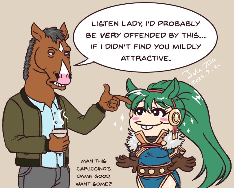 BoJack Horseman attempts to reprimand Lyn of the Plains for her horse costume but finds her cute enough to not complain.