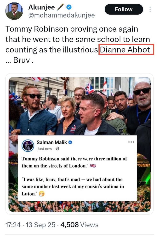 anti-Black racist post from Mohammed Akunjee comparing Diane Abbott’s math skills with Tommy Robbing Scum