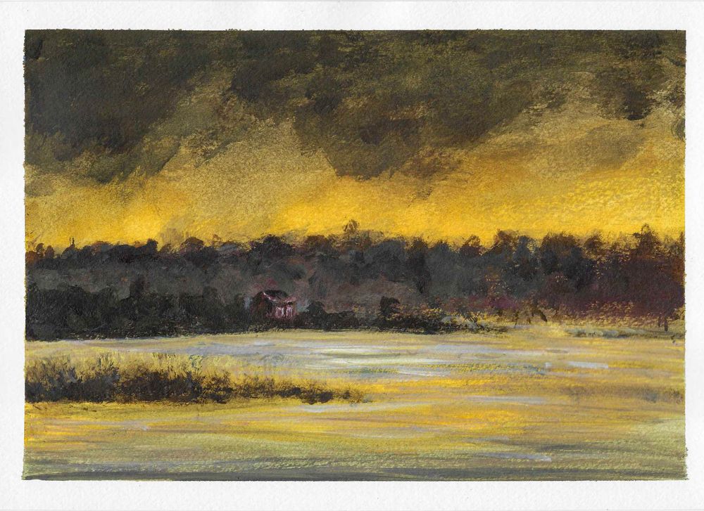 Sunrise over the river, reflected in the water. Dark and smudgy.