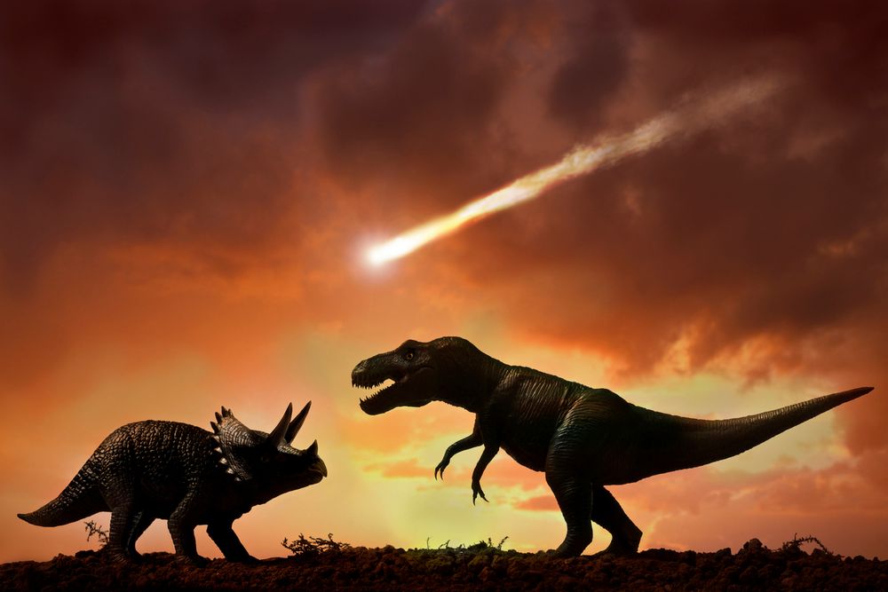 Picture of two dinosaurs and an asteroid in the background.