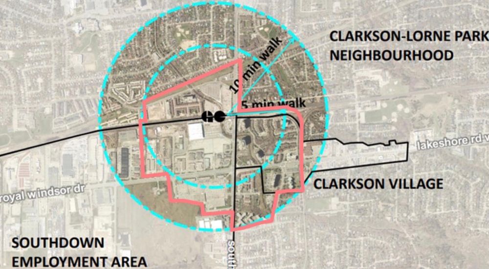 An air photo map of the Clarkson GO Station, showing 5 & 10 minute walks as circles, and a proposed major transit station area boundary as a pink line. The MTSA boundary cuts down Clarkson Road and then along the rail corridor, excluding all lands to the northeast of the station, which currently hold low-density neighbourhoods of single-family bungalows. Similarly, low-density bungalow neighbourhoods within a 5 minute walk north of the station’s parking lots are also excluded. Lands southeast of the station, containing apartment towers and townhouses are included within the boundary, as are the station’s parking lots and industrial areas to the southwest.