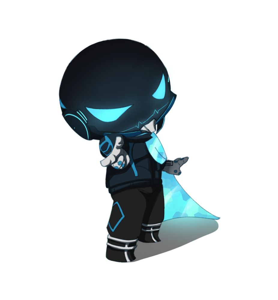 VTuber Silver-Streak, in a SD/Chibi design. Pointing towards the viewer with one hand. Wearing a holographically projected cloak.