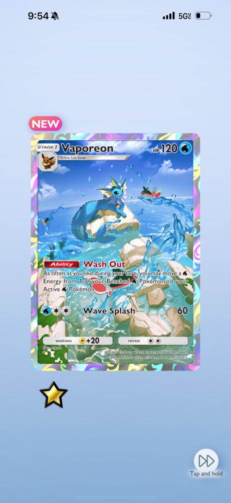 Shown is a Mythical art Vaporeon card from the mobile Pokémon game, Pokémon TCGP.
Vaporeon is in the ocean on a rock looking majestic 