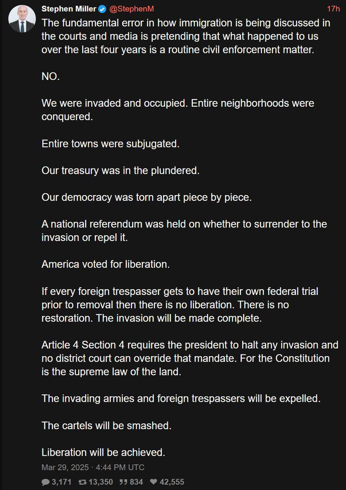 An insane rant by Stephen Miller about immigration from March 29, 2025, 4:44PM UTC.
Full text at
https://xcancel.com/StephenM/status/1906024686674133371