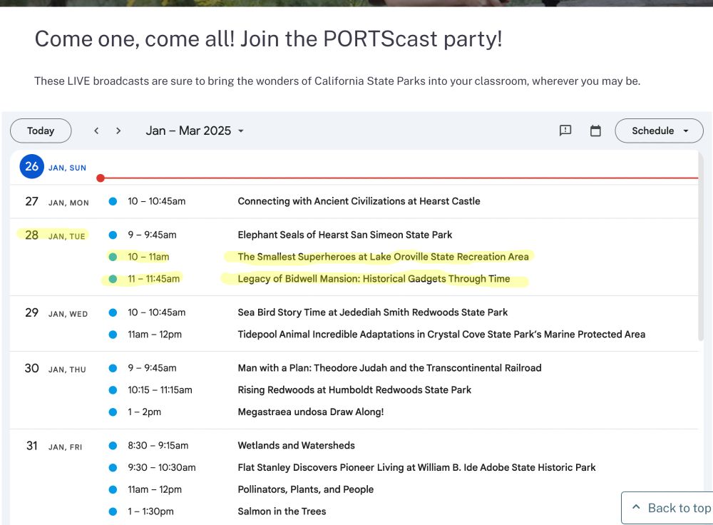 PORTScast calendar with remaining January activities, including two highlighted yellow on January 28th: Lake Oroville and Bidwell Mansion.