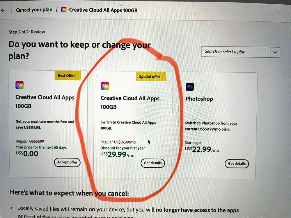The second step in Adobe’s “cancel my plan” workflow, where they roll over and give you everything for half price, $29.99 vs the rack $59.99 cost