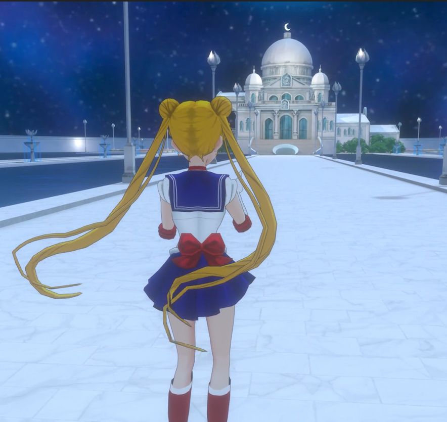 Sailor moon stands in front of the moon kingdom, a VRChat avatar world