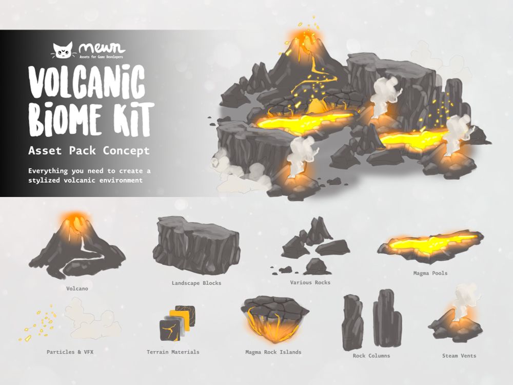 Game concept art displaying various volcanic environment props for game developers