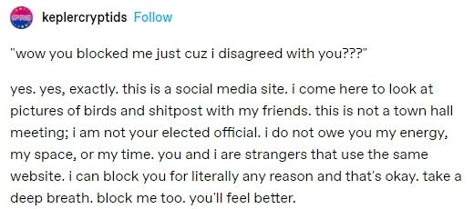 "wow you blocked me just cuz I disagreed with you???"

yes. Yes, exactly. This is a social media site. I come here to look at pictures of birds and shit post with my friends. This is not a town hall merging; I am not your elected official. I do not owe you my energy, my space, or my time. You and I are strangers that use the same website. I can block you for literally any reasons and that's okay. Take a deep breath. Block me too. You'll feel better. 