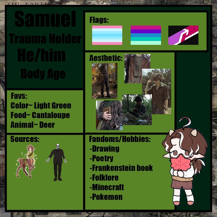 Samuel

Trauma Holder

He/him

Body Age

Flags:

Trans masc

Bigay

Alter human 

Aesthetic:

Emo cottagecore

Favs:

Color Light Green

Food~Cantaloupe

Animal-Deer

Sources:

Cervitaur

Frankenstein 

Fandoms/Hobbies:

-Drawing

-Poetry

-Frankenstein book

-Folklore

-Minecraft

-Pokemon