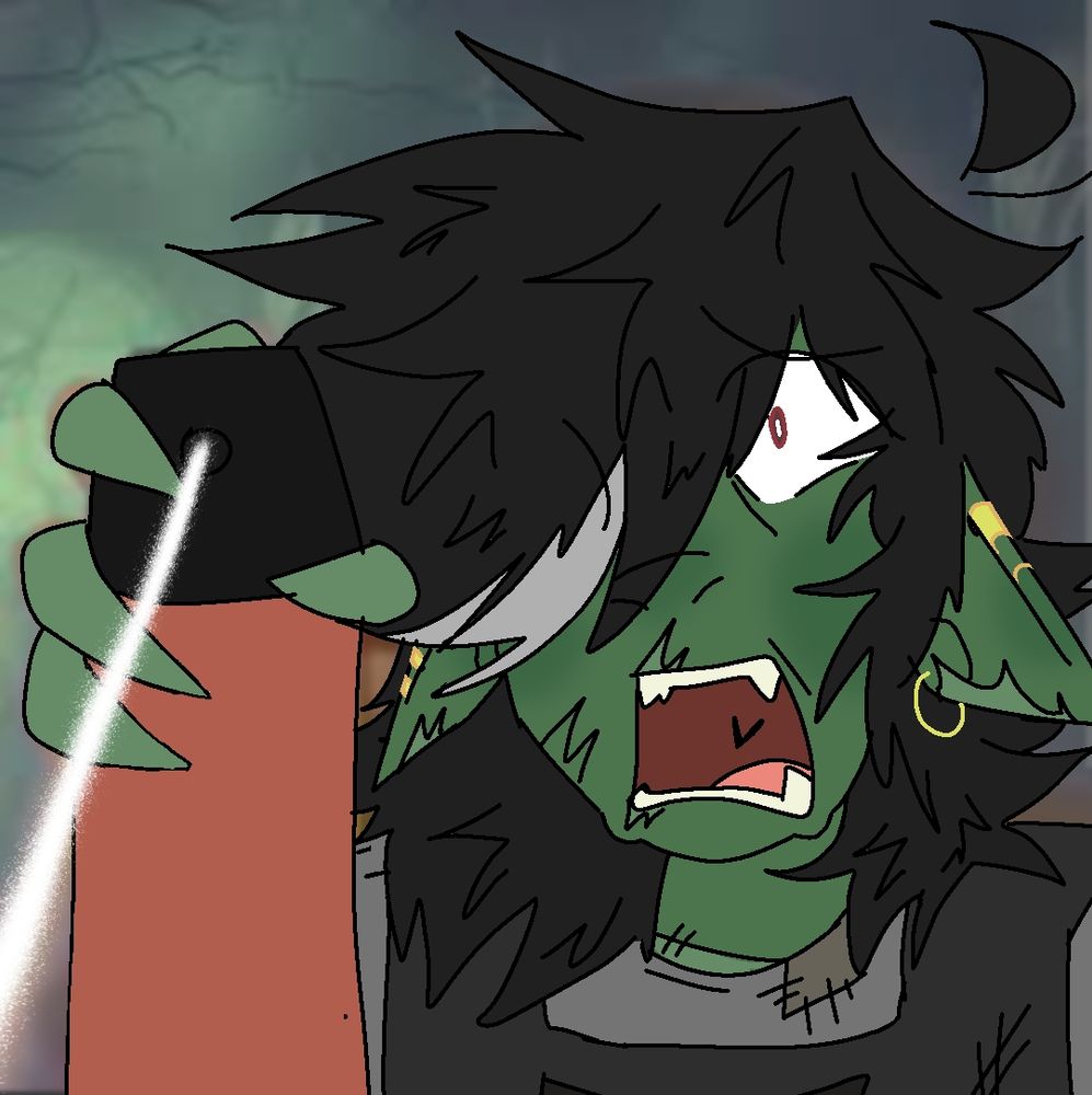 a goblin facing the viewer with a shocked expression spraying something resembling bug spray at the viewer. his hair is long and black and he has various scars on his face, he has medium length black messy hair with a grey streak in the front of his hair.
