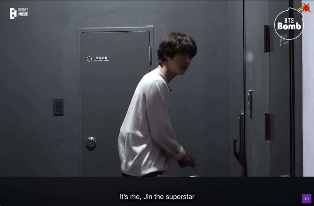 BTS Jin knocking on the door of the set of Young Ji’s “No Prepare” variety show, announcing himself by saying “It’s me, Jin the superstar.”