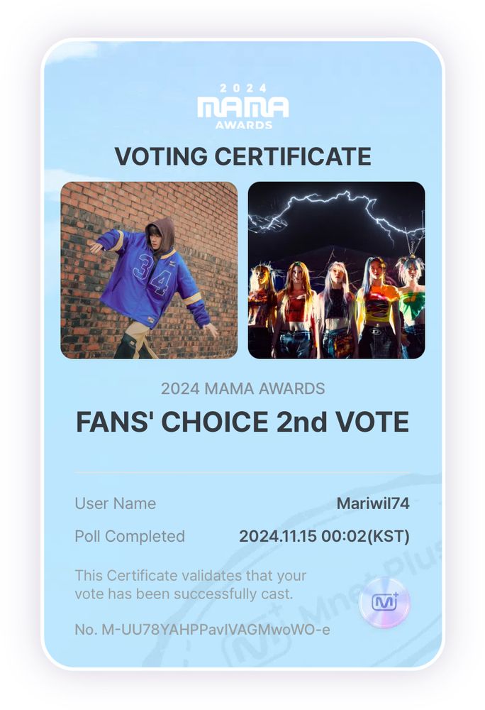 Voting certificate for the 2024 MAMA Awards Fans Choice bonsang showing j-hope and Le Sserafim as the voting selections