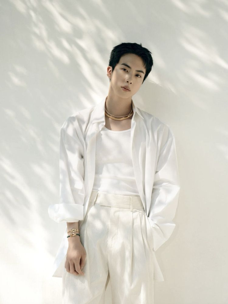 BTS Jin all in white wearing jewelry from Fred as he is announced as their new global ambassador