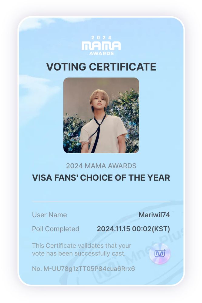 Voting certificate for the 2024 MAMA Awards Visa Fan’s Choice daesang showing Jimin as the voting selection