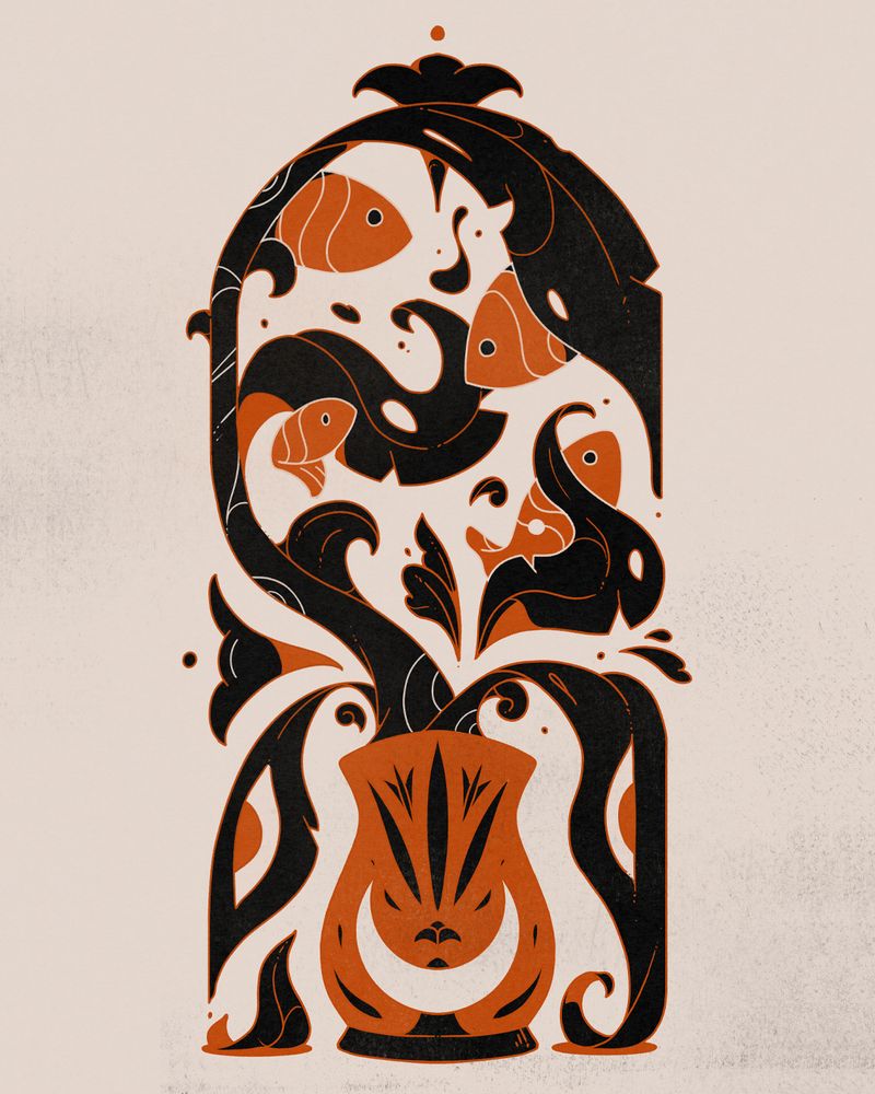 Surreal illustration, fishes drifting in the air around a plant in a vase. Illustration in the shape of a portal.
