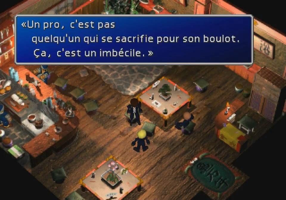 Capture d’écran de FF7 avec le dialogue suivant : « Un pro, c’est pas quelqu’un qui se sacrifie pour son boulot. Ça, c’est un imbécile. »