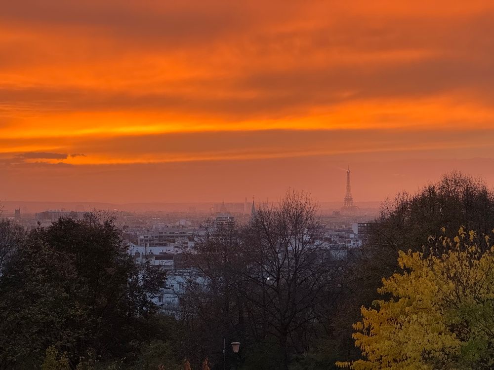 Panorama sur Paris depuis le haut du Parc de Belleville : le ciel nuageux est orange feu, on aperçoit la Tour Eiffel et des arbres aux couleurs d’automne sont au premier plan.