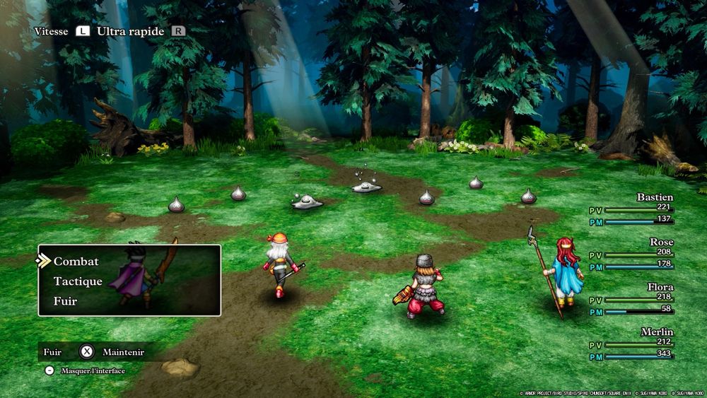 Capture d’écran de Dragon Quest III HD-2D Remake montrant un combat contre 2 Gluants de Mercure et 5 Gluants de Métal