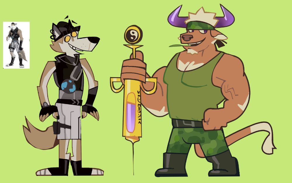 Wendell from Fortnite and Shennong from Housamo in UPA style