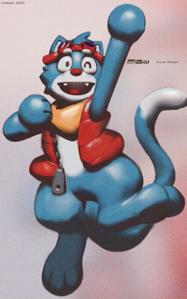 Painting of blue cat rendered in N64 style.