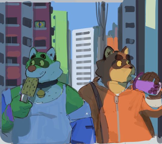 Skibble, green tanuki and nobo, brown tanuki in a large brazilian urban area