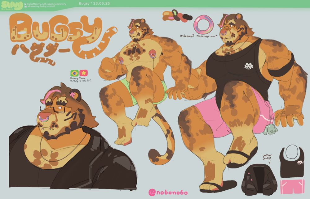 Reference sheet for a muscular tiger-milk-tea coloured tiger with long hair and piercings.

#furry #bara