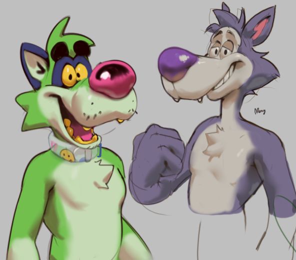 Green toon ferret (me) next to my previous drawing of Chip the Wolf.