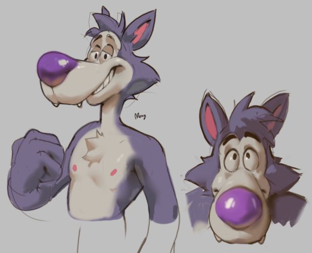 digital paintings of chip the wolf smiling at the viewer and chip looking up with his big nose near the viewer.