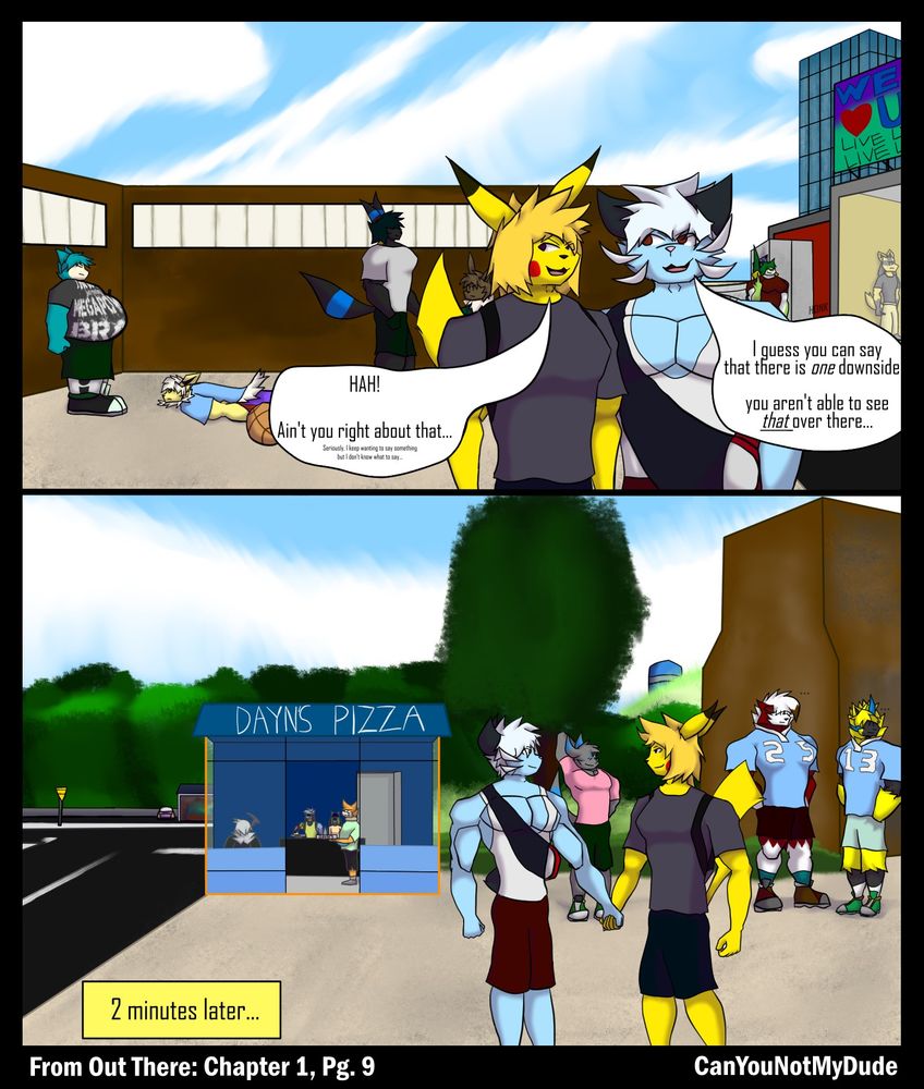 As Scott and Achi walk away from the scene (which now has Jason (the Jolteon) lying on the floor), Achi exclaims "I guess you can say that there is one downside", in reference to making a day trip to the beach, "you aren't able to see that over there...".

Scott laughs. "Ain't you right about that!"

The two hold hands, as they walk through and out of the school plaza, while students of all kinds watch as Jason lays defeated.