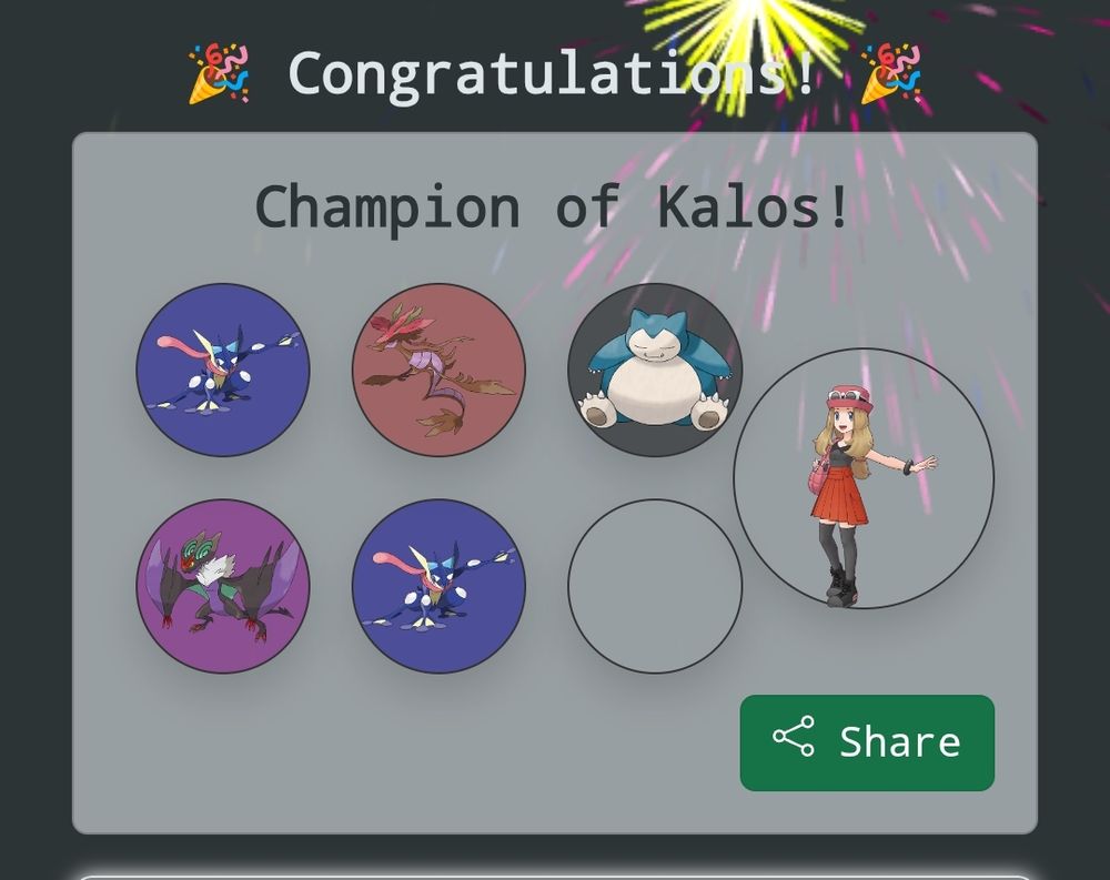 Print da tela de vitória do Pokémon Roulette. Não sei o nome dos pokémon, mas tem 5 deles. Dois são o sapo ninja, tem um que parece um dragão marinho, um Snorlax e um bicho estranho meio morcego. 