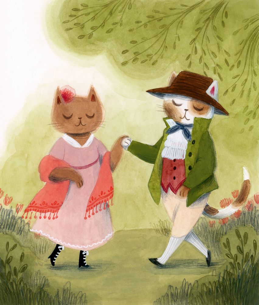 A gouache illustration of two cats holding hands. They are dressed in Regency-era clothing and are standing in a green, forested background
