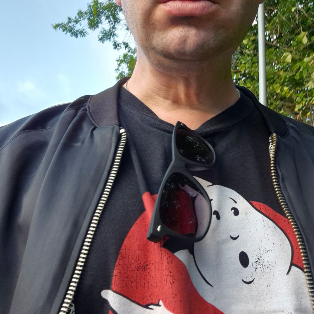 A selfie showing that I am wearing a Ghostbusters t-shirt