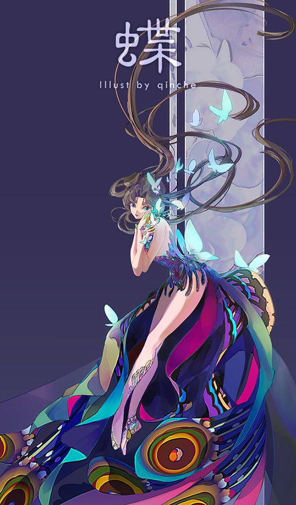 A digital illustration of a girl inspired by a butterfly for the VGen Monthly Challenge, themed "Elegance." She has a flowing outfit with butterfly-like patterns.
