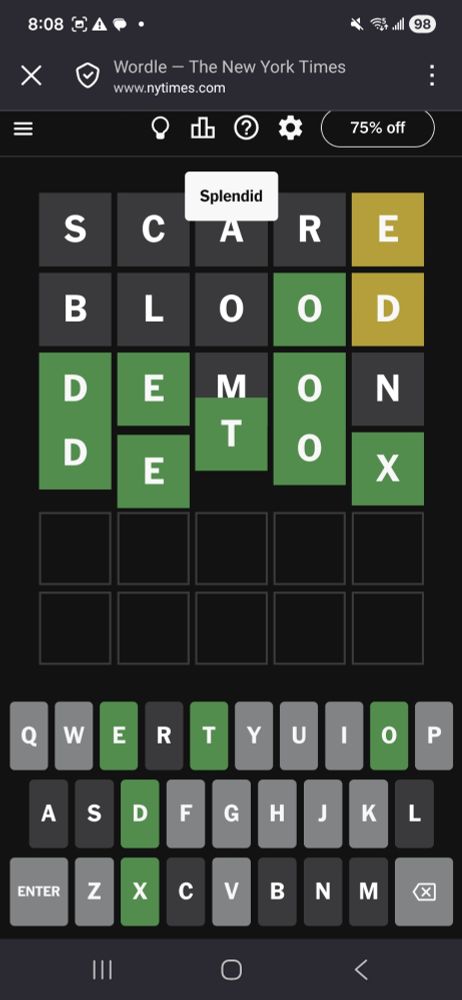 Wordle 1,585 4/6 
SCARE
BLOOD
DEMON
DETOX
