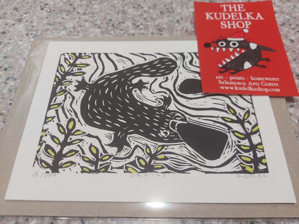 Lino print of a platypus. Description and story by the artist Jon Kudelka:

The South Hobart rivulet famously used to have a platypus. These days, thanks to some tireless work replanting native trees and general tidying up by local residents, it now has multiple platypuses/platypus/platypi, feel free to argue amongst yourselves about how to spell the plural.

I used to take the kids down platypus hunting with sporadic luck when they were at primary school.

A couple of years ago I was put out of action with a brain tumour and when I managed to become relatively mobile, I got taken down to look for the platypus with my walker as it was a relatively short walk with a very good payoff if you got lucky, so the perfect regular exercise. The first sign that my luck was turning around was that I spotted a platypus the first time and was able to sit comfortably on my little walker while it swam about.

When I was a kid, dad was determined to ensure that if called upon in an emergency, me and my two sisters were capable of spelling "ornithorhynchus" which is the genus which the playpus belongs to. Sadly an emergency requiring this rather specific nugget never arose, however the first time I saw it, there were a few primary school kids around watching and the youngest one of the group who clearly knew his zoological classification kept shouting "Ornchy! Ornchy!" which as far as I was concerned, became the platypus' name.