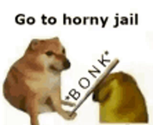 a cheeming dog is holding a sign that says `` go to horny jail '' .