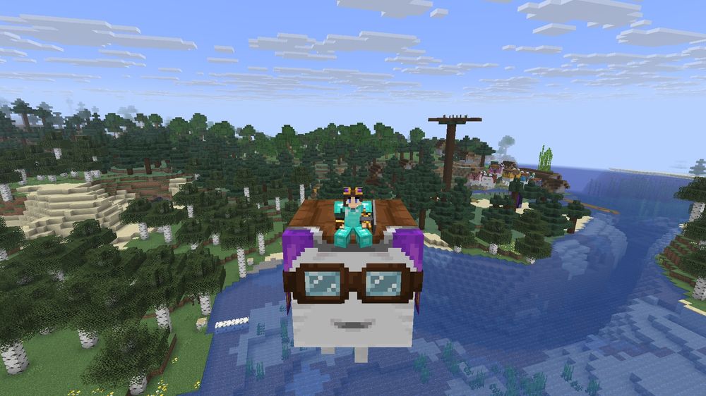Minecraft screenshot of MandaLin's character in diamond armor, sitting on top of a Happy Ghast that is wearing a purple harness with goggles. A tall platform and more harnessed happy ghasts are in the background. 