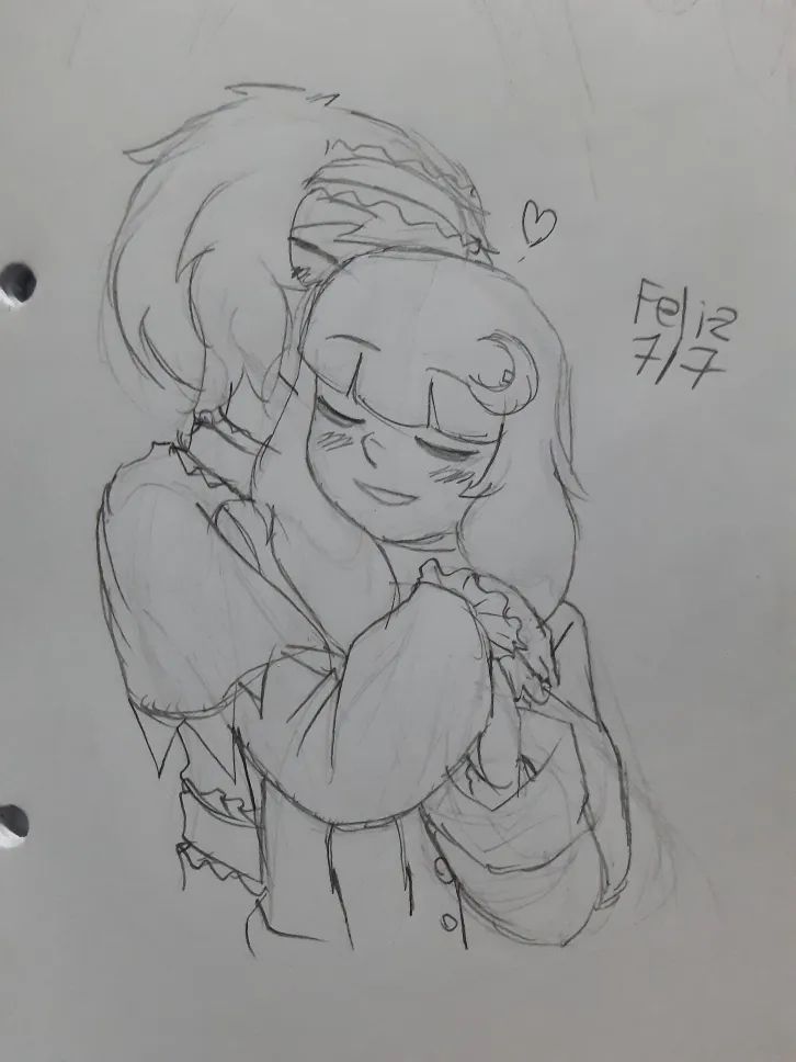 A drawing of Alice Margatroid embracing Patchouli Knowledge from behind and kissing her head. The text says "Feliz 7/7".