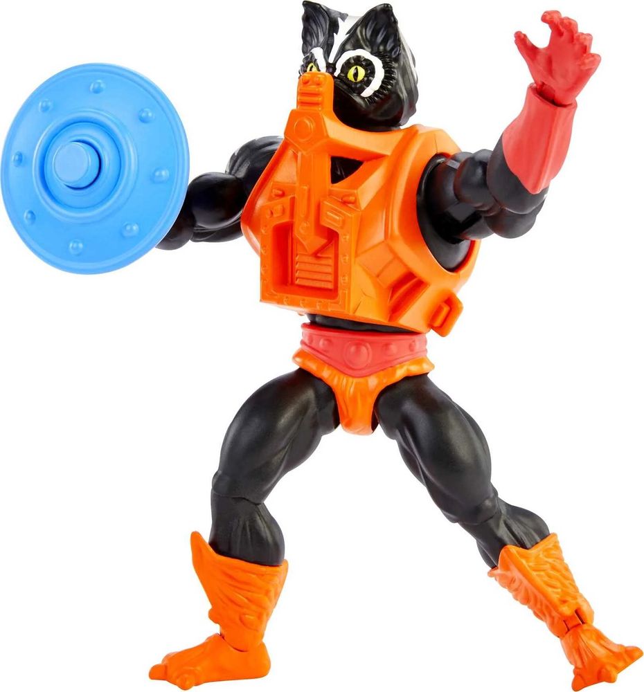 Stinkor, the He-Man action figure: an anthropomorphic skunk in an orange outfit reminiscent of Sean Connery in Zardoz.