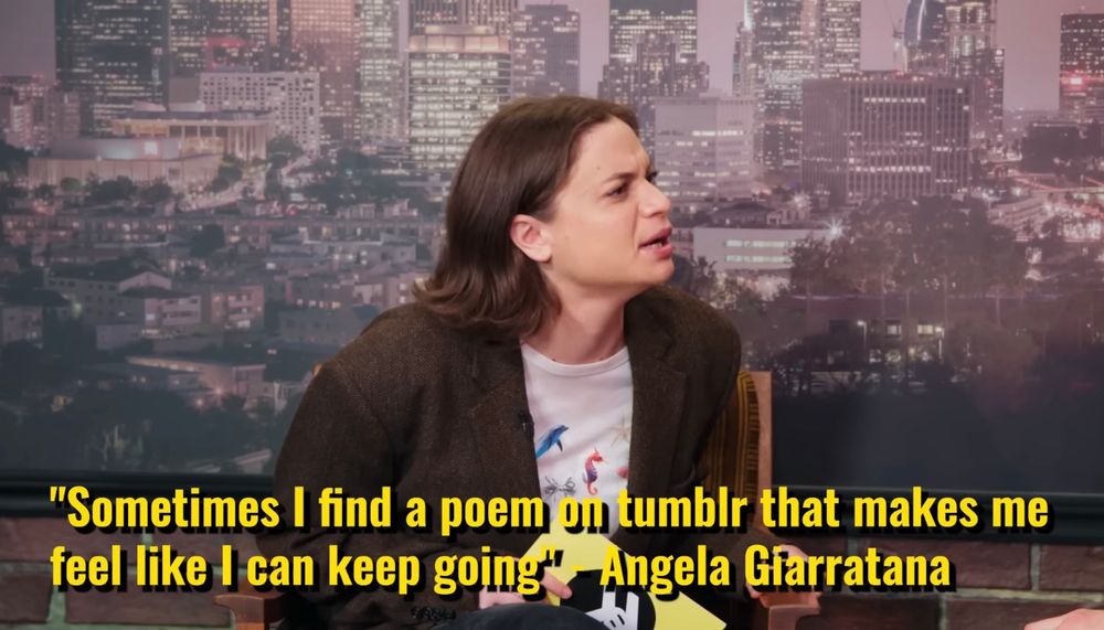 Screenshot of Angela yelling with quote on the lower third: "Sometimes I find a poem untumblr that makes me feel like I can keep going”
Angela Giarratana