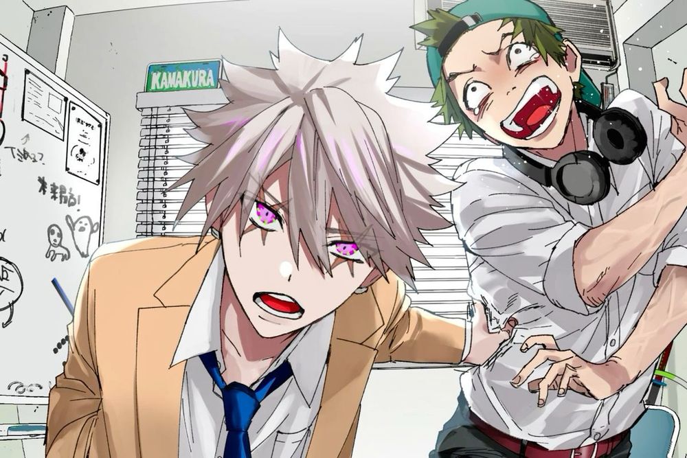 phantom busters art of kaoru kanzake pinching/grabbing tamon’s side while looking towards the viewer in a mostly white room
