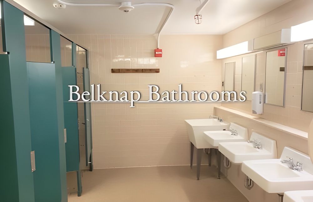 a picture of a public bathroom with text saying “Belknap Bathrooms”