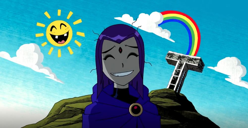 raven from teen titans looking disgruntled in front of the titans tower with a rainbow coming out of it with broken windows and a sun with a big smile