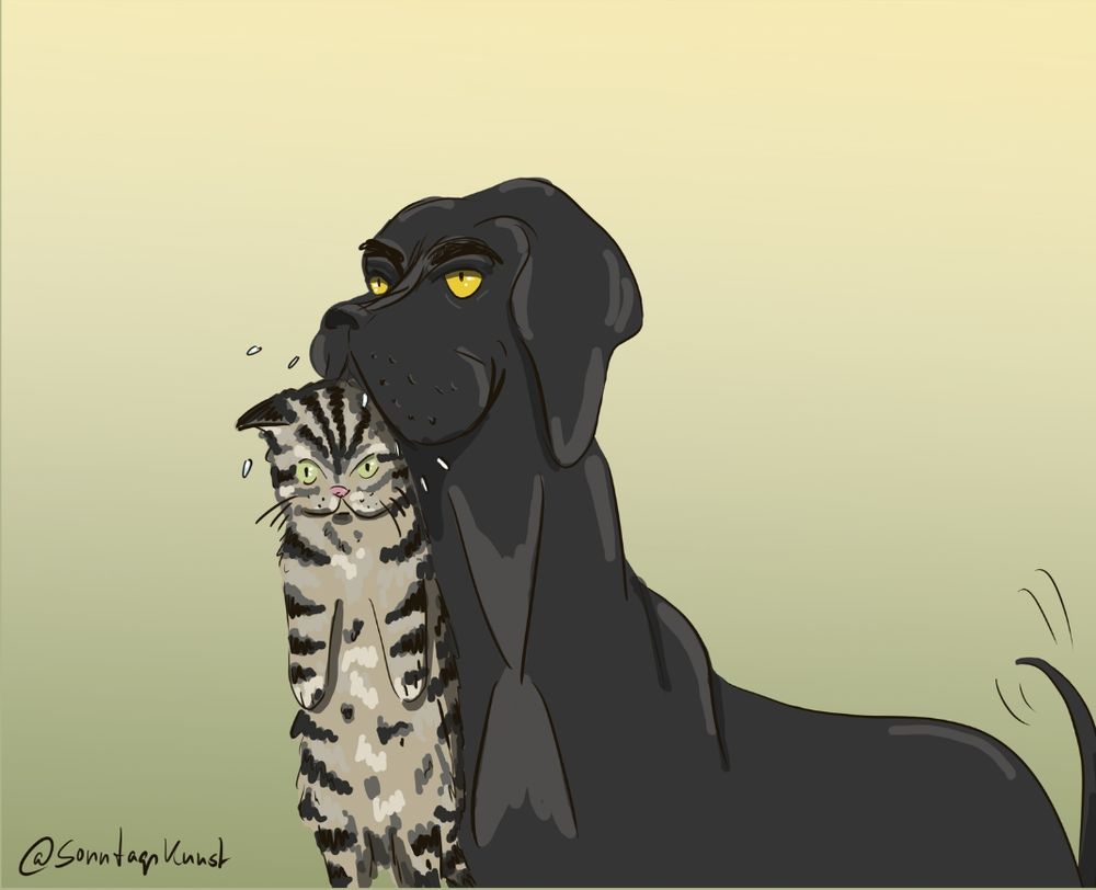 Digitale Zeichnung im Comic-Stil: Eine dunkelgraue Dänische Dogge hat eine getigerte Katze im Maul. Die Katze guckt nicht begeistert und wird vollgesabbert.