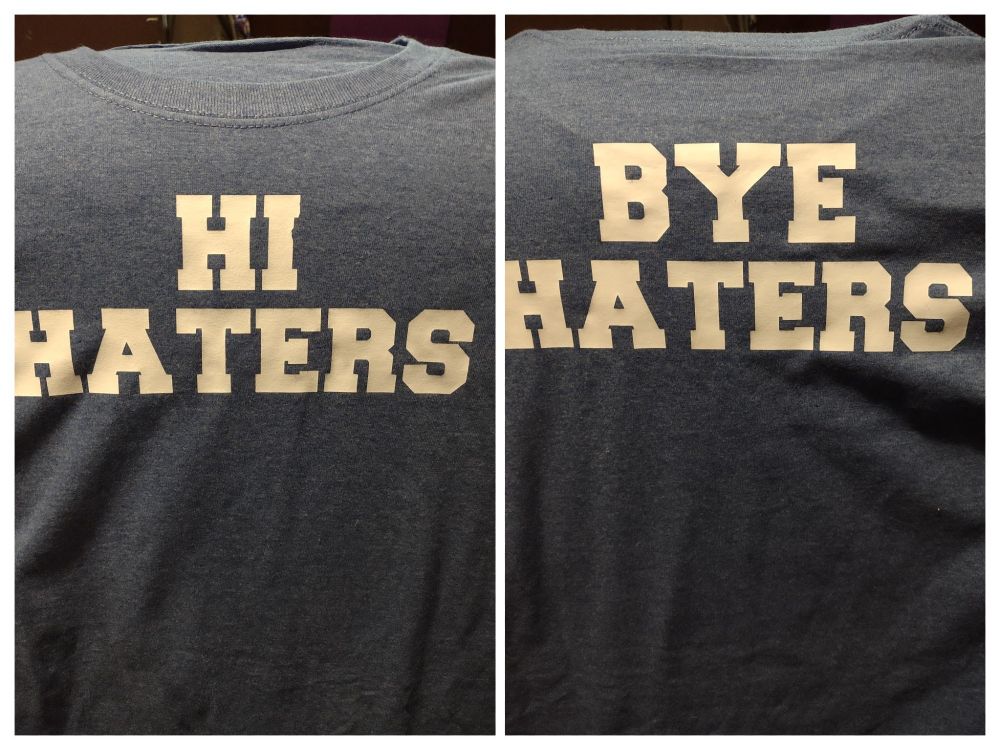 2 panelS IN IMAGE.
Front of shirt: HI HATERS
Back of shirt: BYE HATERS