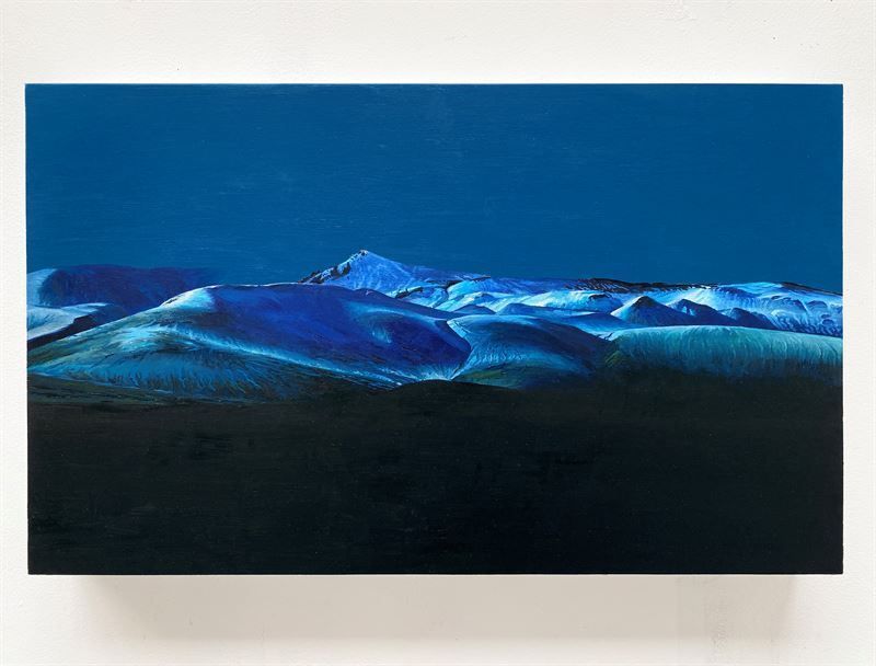 A blue-tinged painting of snowy peaks at dusk with a green/brown foreground of earth.