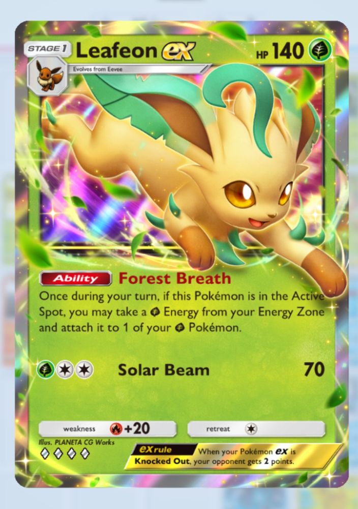 Screenshot of a Pokémon card, Leafeon ex from the Pokémon tcg app. Shows Leafeon leaping across a shiny background
